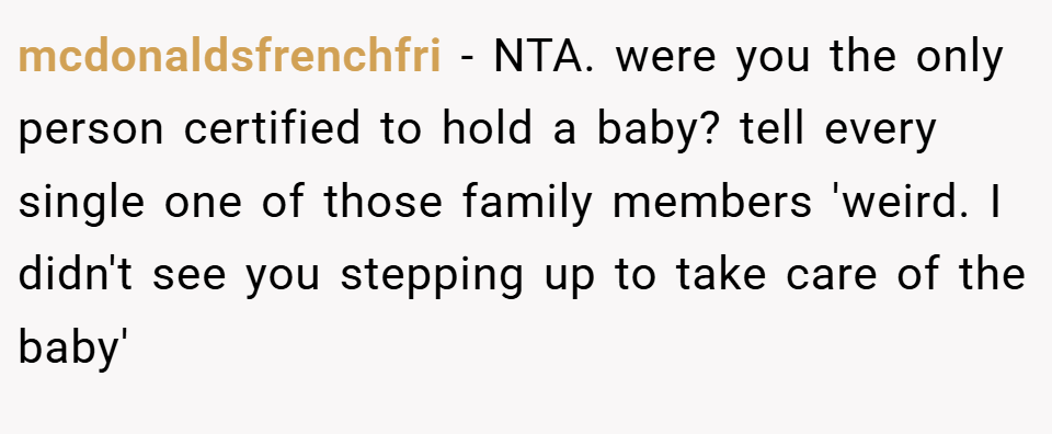mcdonaldsfrenchfri − NTA. were you the only person certified to hold a baby? tell every single one of those family members 'weird. I didn't see you stepping up to take care of the baby'