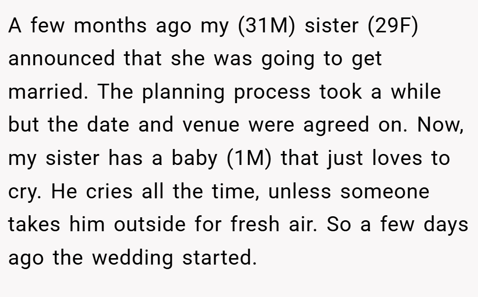 A few months ago my (31M) sister (29F) announced that she was going to get married. The planning process took a while but the date and venue were agreed on. Now, my sister has a baby (1M) that just loves to cry. He cries all the time, unless someone takes him outside for fresh air. So a few days ago the wedding started.