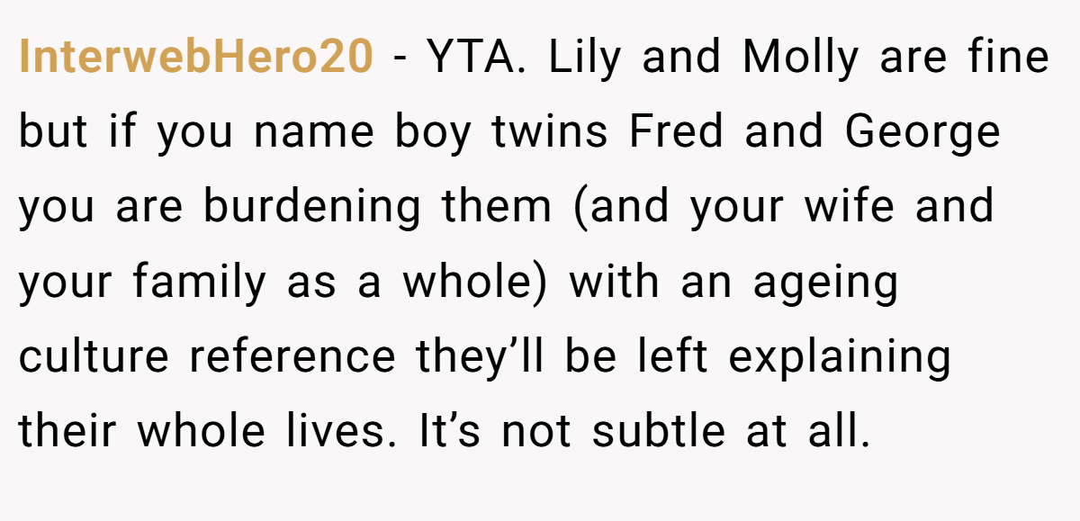 InterwebHero20 − YTA. Lily and Molly are fine but if you name boy twins Fred and George you are burdening them (and your wife and your family as a whole) with an ageing culture reference they’ll be left explaining their whole lives. It’s not subtle at all.