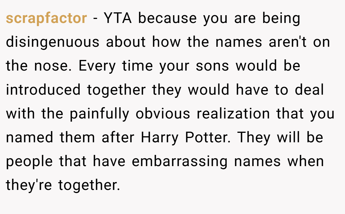 scrapfactor − YTA because you are being disingenuous about how the names aren't on the nose. Every time your sons would be introduced together they would have to deal with the painfully obvious realization that you named them after Harry Potter. They will be people that have embarrassing names when they're together.
