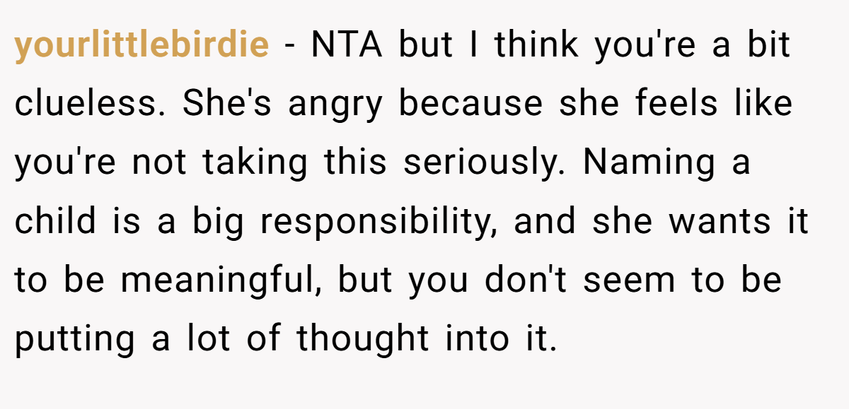 yourlittlebirdie − NTA but I think you're a bit clueless. She's angry because she feels like you're not taking this seriously. Naming a child is a big responsibility, and she wants it to be meaningful, but you don't seem to be putting a lot of thought into it.