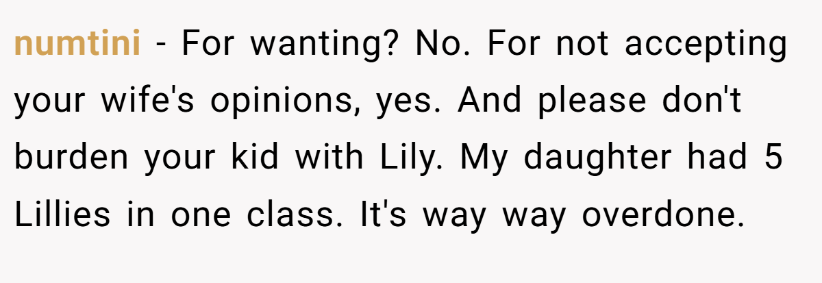 numtini − For wanting? No. For not accepting your wife's opinions, yes. And please don't burden your kid with Lily. My daughter had 5 Lillies in one class. It's way way overdone.