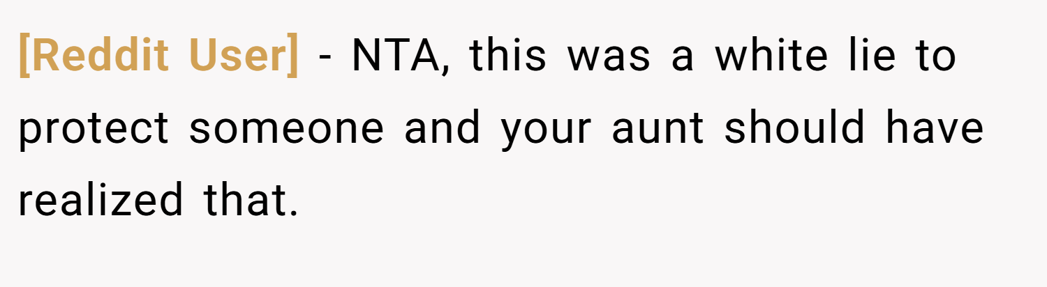 [Reddit User] − NTA, this was a white lie to protect someone and your aunt should have realized that.