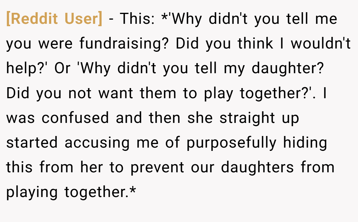 [Reddit User] − This: *'Why didn't you tell me you were fundraising? Did you think I wouldn't help?' Or 'Why didn't you tell my daughter? Did you not want them to play together?'. I was confused and then she straight up started accusing me of purposefully hiding this from her to prevent our daughters from playing together.*
