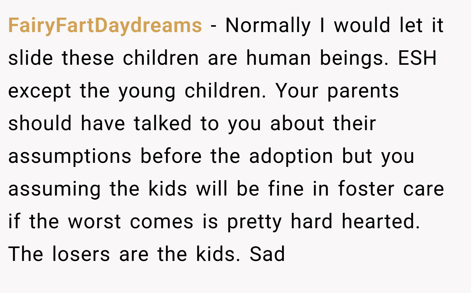 FairyFartDaydreams − Normally I would let it slide these children are human beings. ESH except the young children. Your parents should have talked to you about their assumptions before the adoption but you assuming the kids will be fine in foster care if the worst comes is pretty hard hearted. The losers are the kids. Sad