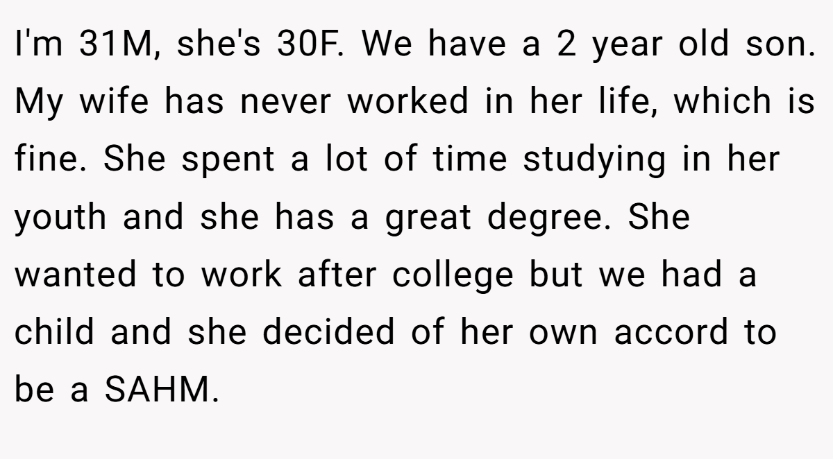 I'm 31M, she's 30F. We have a 2 year old son. My wife has never worked in her life, which is fine. She spent a lot of time studying in her youth and she has a great degree. She wanted to work after college but we had a child and she decided of her own accord to be a SAHM.