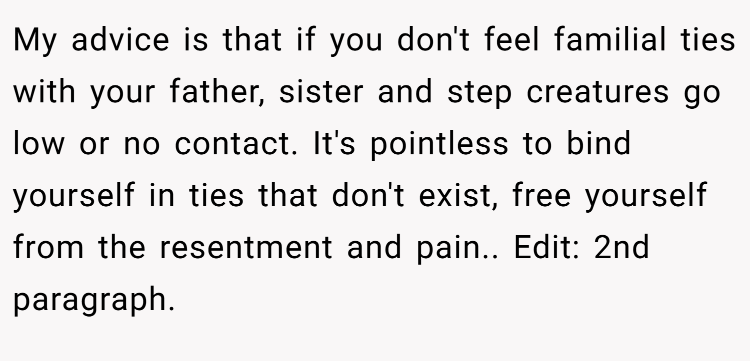 My advice is that if you don't feel familial ties with your father, sister and step creatures go low or no contact. It's pointless to bind yourself in ties that don't exist, free yourself from the resentment and pain.. Edit: 2nd paragraph.