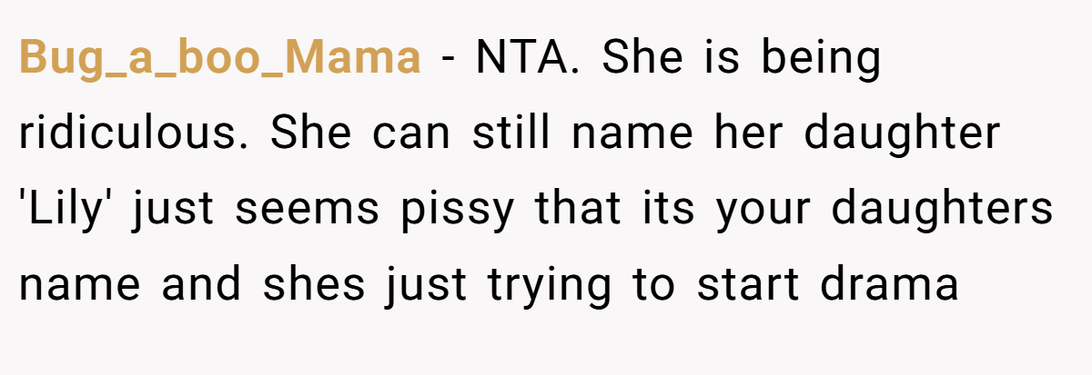 Bug_a_boo_Mama − NTA. She is being ridiculous. She can still name her daughter 'Lily' just seems pissy that its your daughters name and shes just trying to start drama