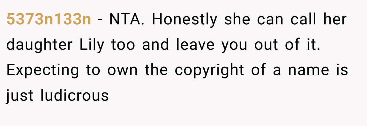 5373n133n − NTA. Honestly she can call her daughter Lily too and leave you out of it. Expecting to own the copyright of a name is just ludicrous