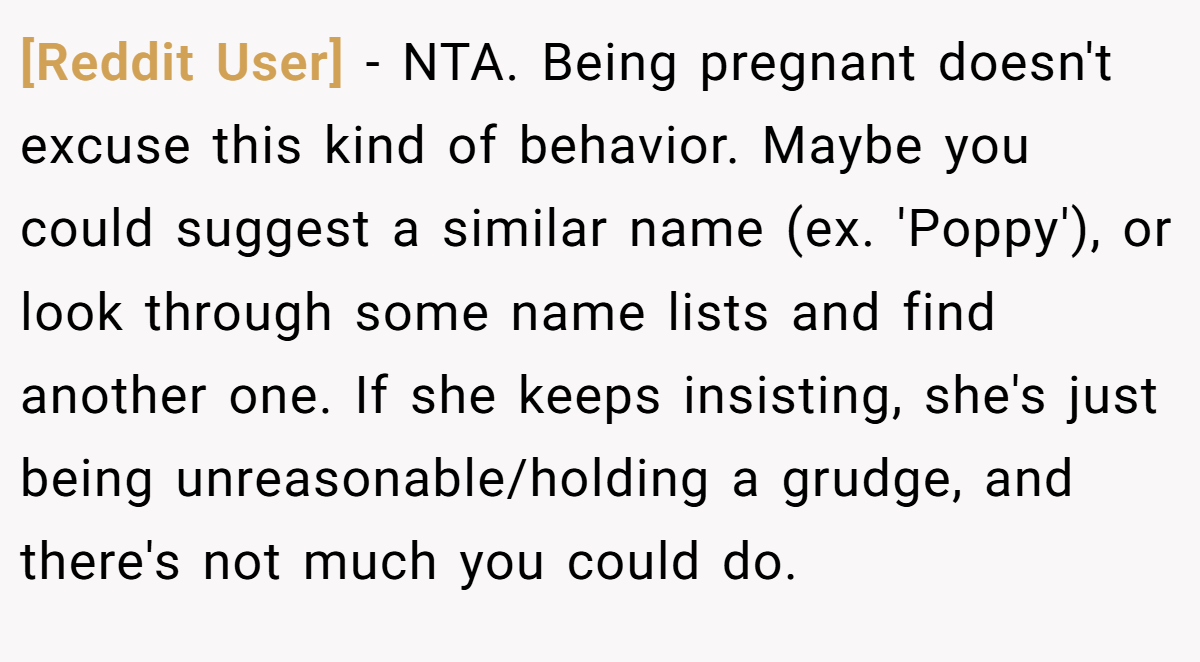 [Reddit User] − NTA. Being pregnant doesn't excuse this kind of behavior. Maybe you could suggest a similar name (ex. 'Poppy'), or look through some name lists and find another one. If she keeps insisting, she's just being unreasonable/holding a grudge, and there's not much you could do.