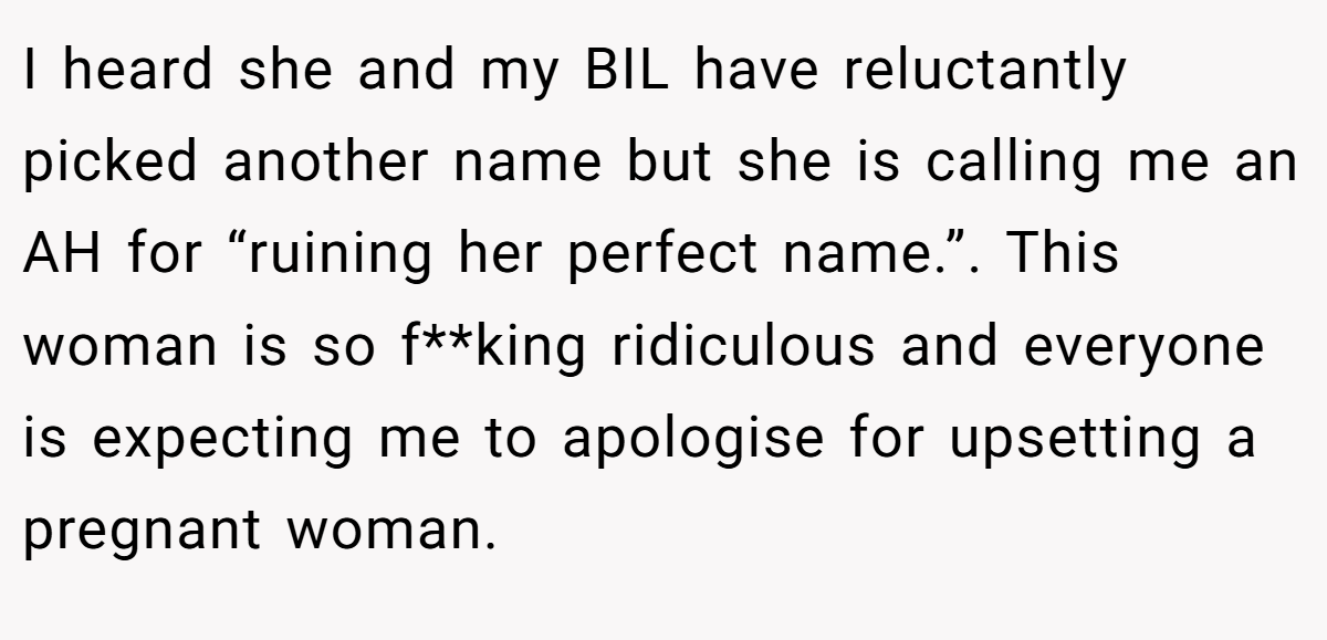 I heard she and my BIL have reluctantly picked another name but she is calling me an AH for “ruining her perfect name.”. This woman is so f**king ridiculous and everyone is expecting me to apologise for upsetting a pregnant woman.