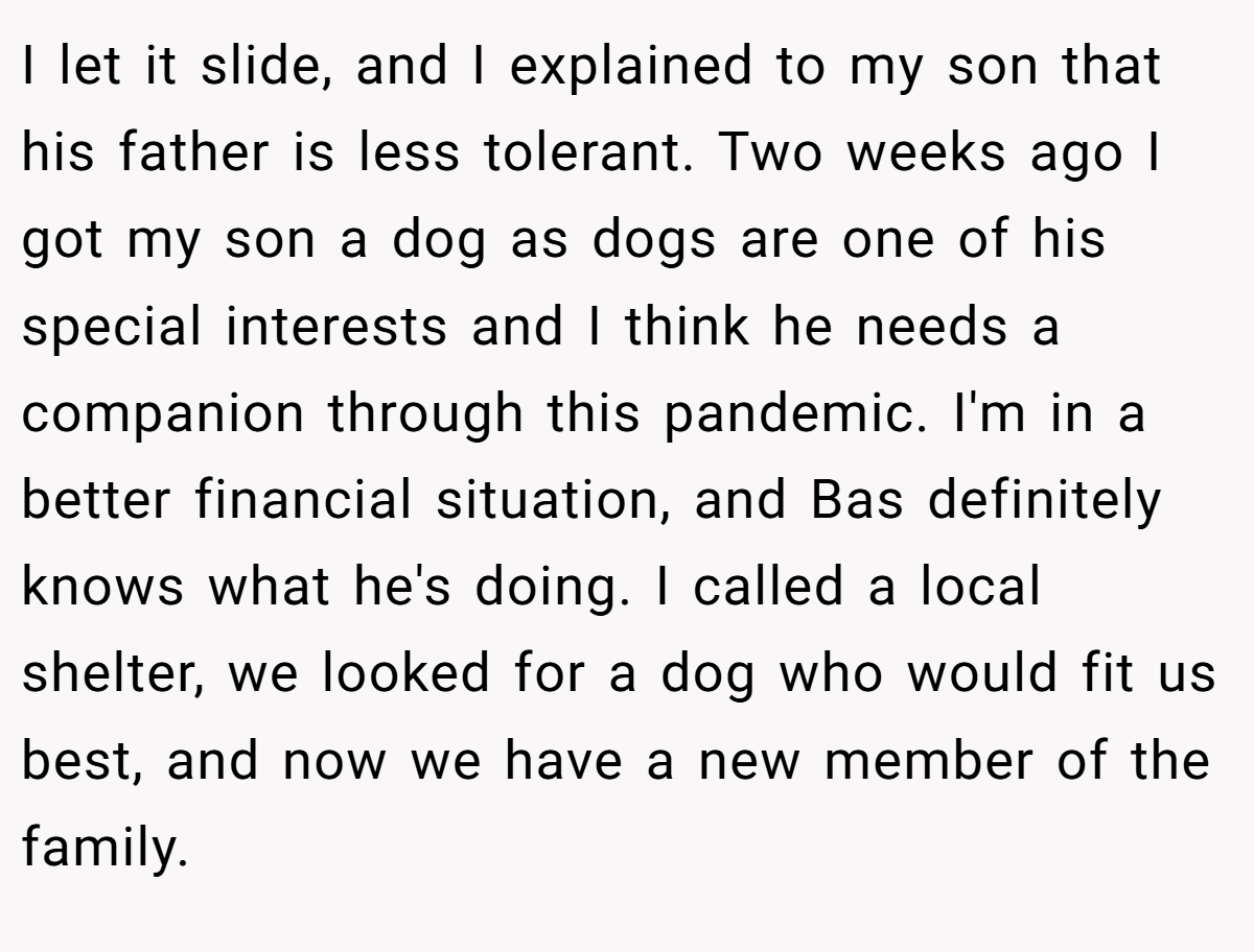 I let it slide, and I explained to my son that his father is less tolerant. Two weeks ago I got my son a dog as dogs are one of his special interests and I think he needs a companion through this pandemic. I'm in a better financial situation, and Bas definitely knows what he's doing. I called a local shelter, we looked for a dog who would fit us best, and now we have a new member of the family.