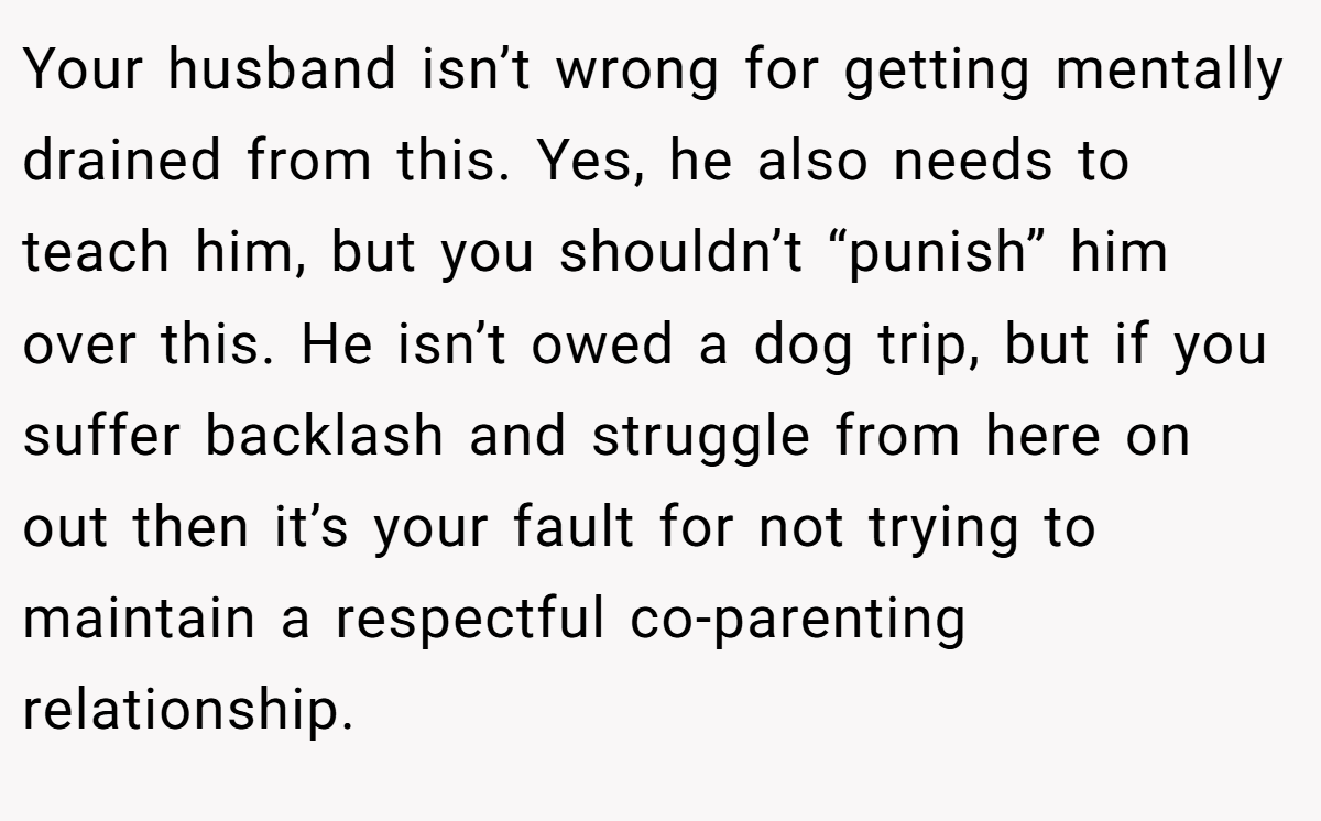 Your husband isn’t wrong for getting mentally drained from this. Yes, he also needs to teach him, but you shouldn’t “punish” him over this. He isn’t owed a dog trip, but if you suffer backlash and struggle from here on out then it’s your fault for not trying to maintain a respectful co-parenting relationship.