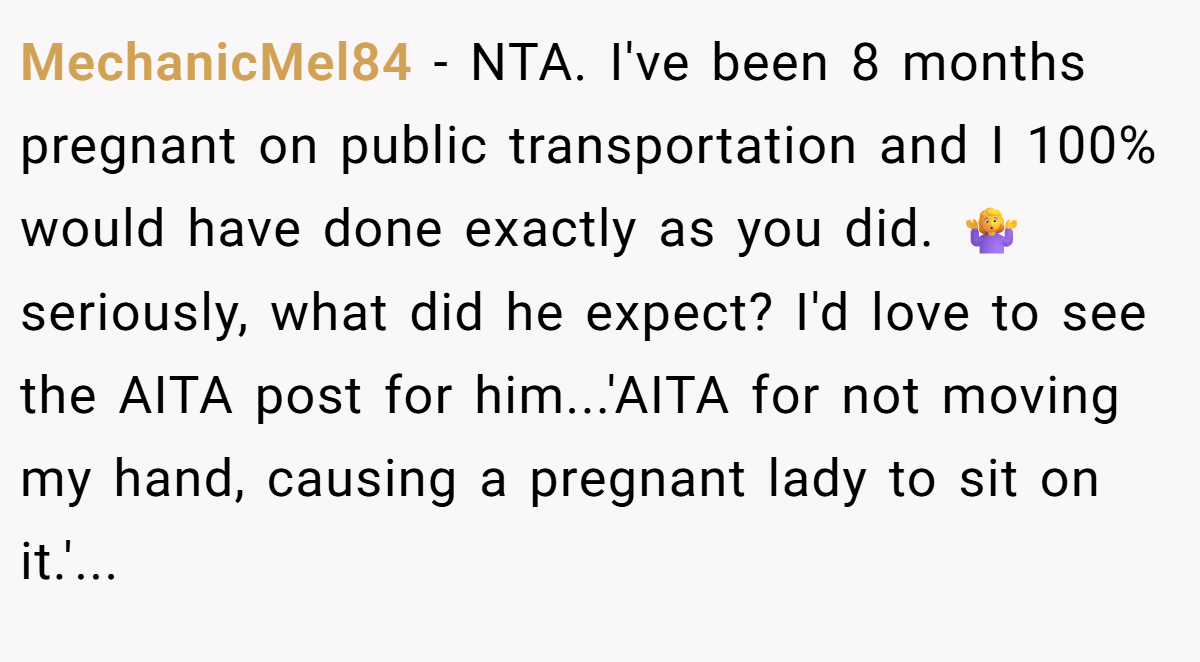 MechanicMel84 − NTA. I've been 8 months pregnant on public transportation and I 100% would have done exactly as you did. 🤷‍♀️ seriously, what did he expect? I'd love to see the AITA post for him...'AITA for not moving my hand, causing a pregnant lady to sit on it.'...