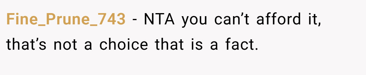 Fine_Prune_743 − NTA you can’t afford it, that’s not a choice that is a fact.