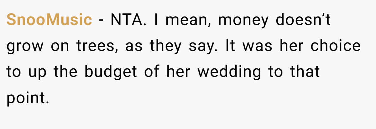 SnooMusic − NTA. I mean, money doesn’t grow on trees, as they say. It was her choice to up the budget of her wedding to that point.