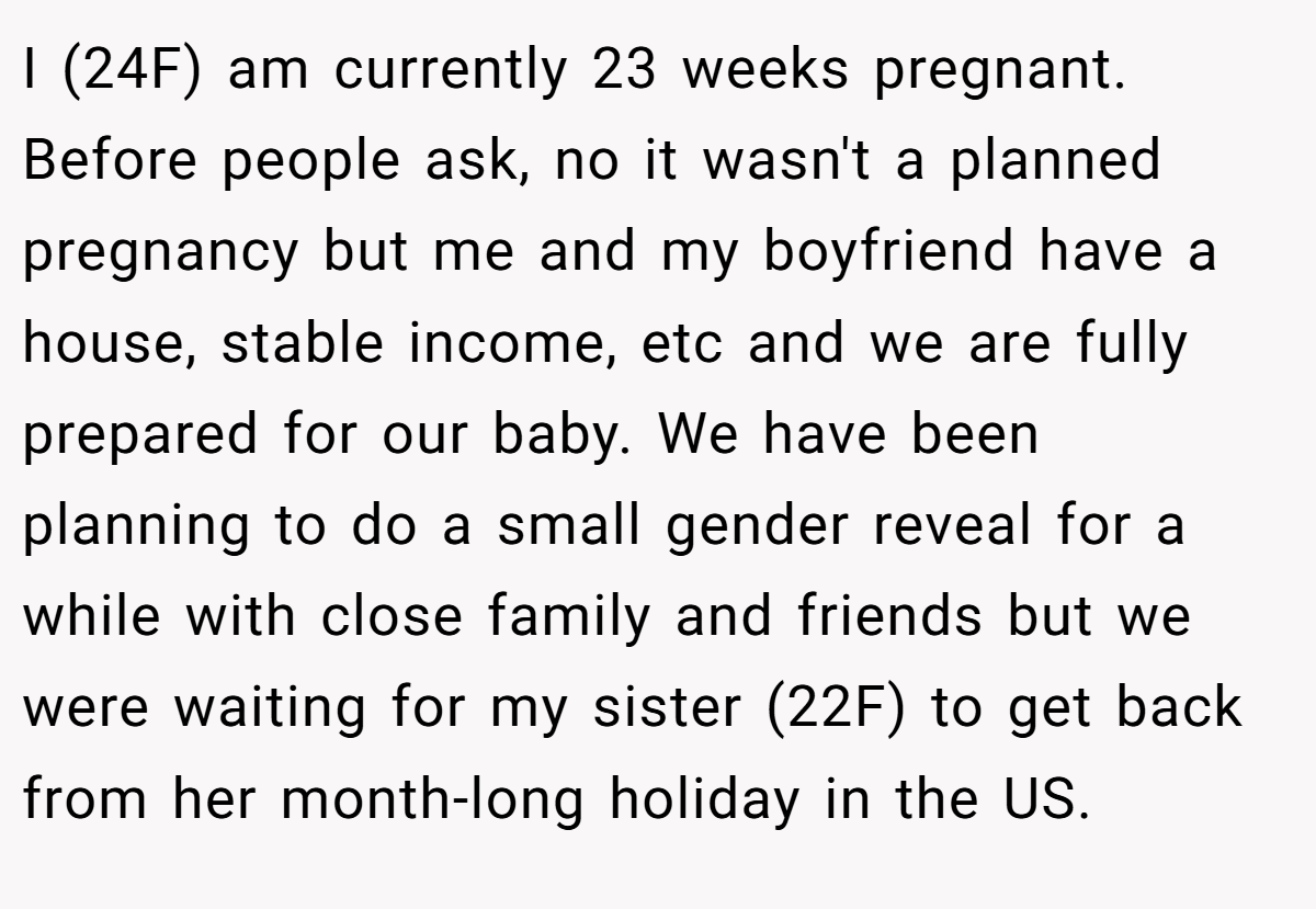 I (24F) am currently 23 weeks pregnant. Before people ask, no it wasn't a planned pregnancy but me and my boyfriend have a house, stable income, etc and we are fully prepared for our baby. We have been planning to do a small gender reveal for a while with close family and friends but we were waiting for my sister (22F) to get back from her month-long holiday in the US.