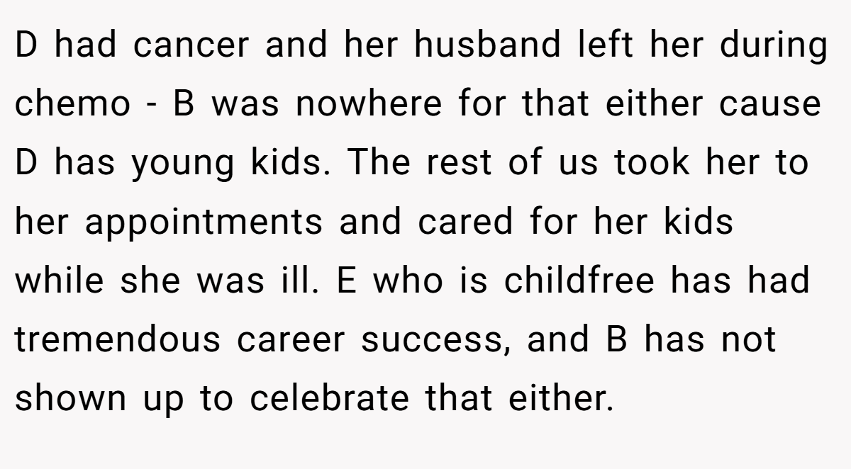 D had cancer and her husband left her during chemo - B was nowhere for that either cause D has young kids. The rest of us took her to her appointments and cared for her kids while she was ill. E who is childfree has had tremendous career success, and B has not shown up to celebrate that either.