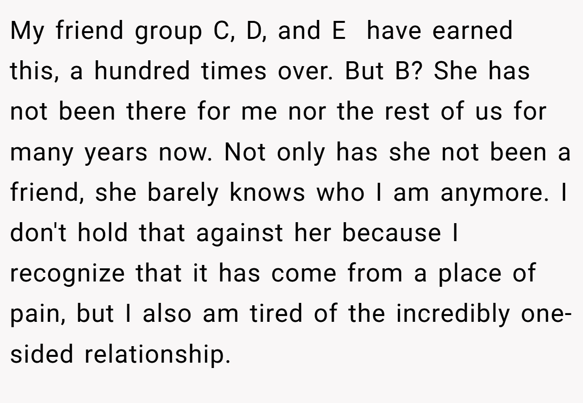 My friend group C, D, and E  have earned this, a hundred times over. But B? She has not been there for me nor the rest of us for many years now. Not only has she not been a friend, she barely knows who I am anymore. I don't hold that against her because I recognize that it has come from a place of pain, but I also am tired of the incredibly one-sided relationship.