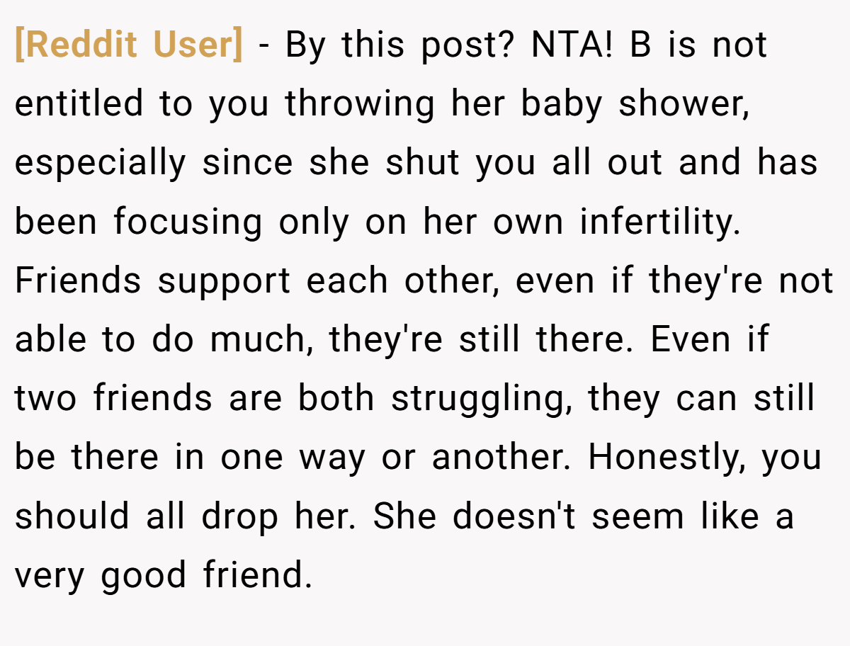 [Reddit User] − By this post? NTA! B is not entitled to you throwing her baby shower, especially since she shut you all out and has been focusing only on her own infertility. Friends support each other, even if they're not able to do much, they're still there. Even if two friends are both struggling, they can still be there in one way or another. Honestly, you should all drop her. She doesn't seem like a very good friend.