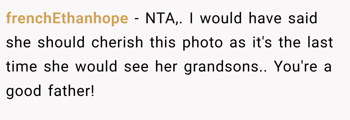 frenchEthanhope − NTA,. I would have said she should cherish this photo as it's the last time she would see her grandsons.. You're a good father!