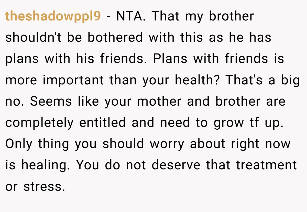 theshadowppl9 − NTA. That my brother shouldn't be bothered with this as he has plans with his friends. Plans with friends is more important than your health? That's a big no. Seems like your mother and brother are completely entitled and need to grow tf up. Only thing you should worry about right now is healing. You do not deserve that treatment or stress.