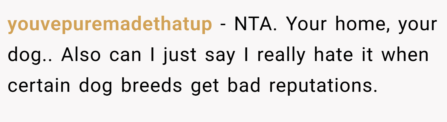 youvepuremadethatup − NTA. Your home, your dog.. Also can I just say I really hate it when certain dog breeds get bad reputations.