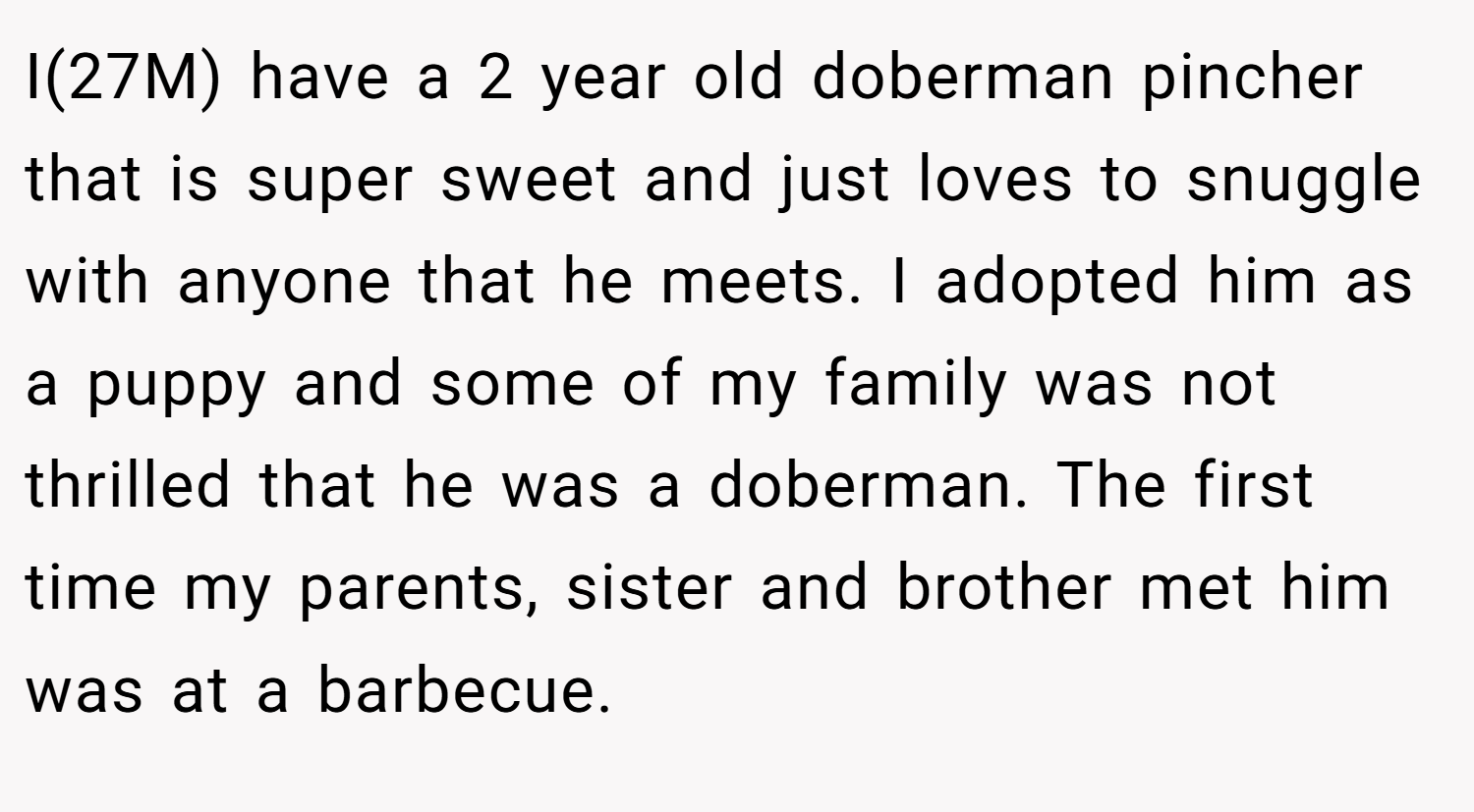 I(27M) have a 2 year old doberman pincher that is super sweet and just loves to snuggle with anyone that he meets. I adopted him as a puppy and some of my family was not thrilled that he was a doberman. The first time my parents, sister and brother met him was at a barbecue.
