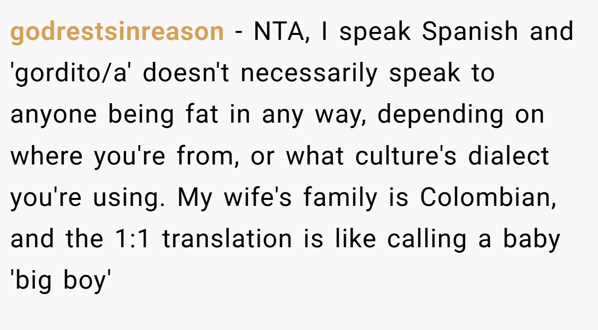 godrestsinreason − NTA, I speak Spanish and 'gordito/a' doesn't necessarily speak to anyone being fat in any way, depending on where you're from, or what culture's dialect you're using. My wife's family is Colombian, and the 1:1 translation is like calling a baby 'big boy'