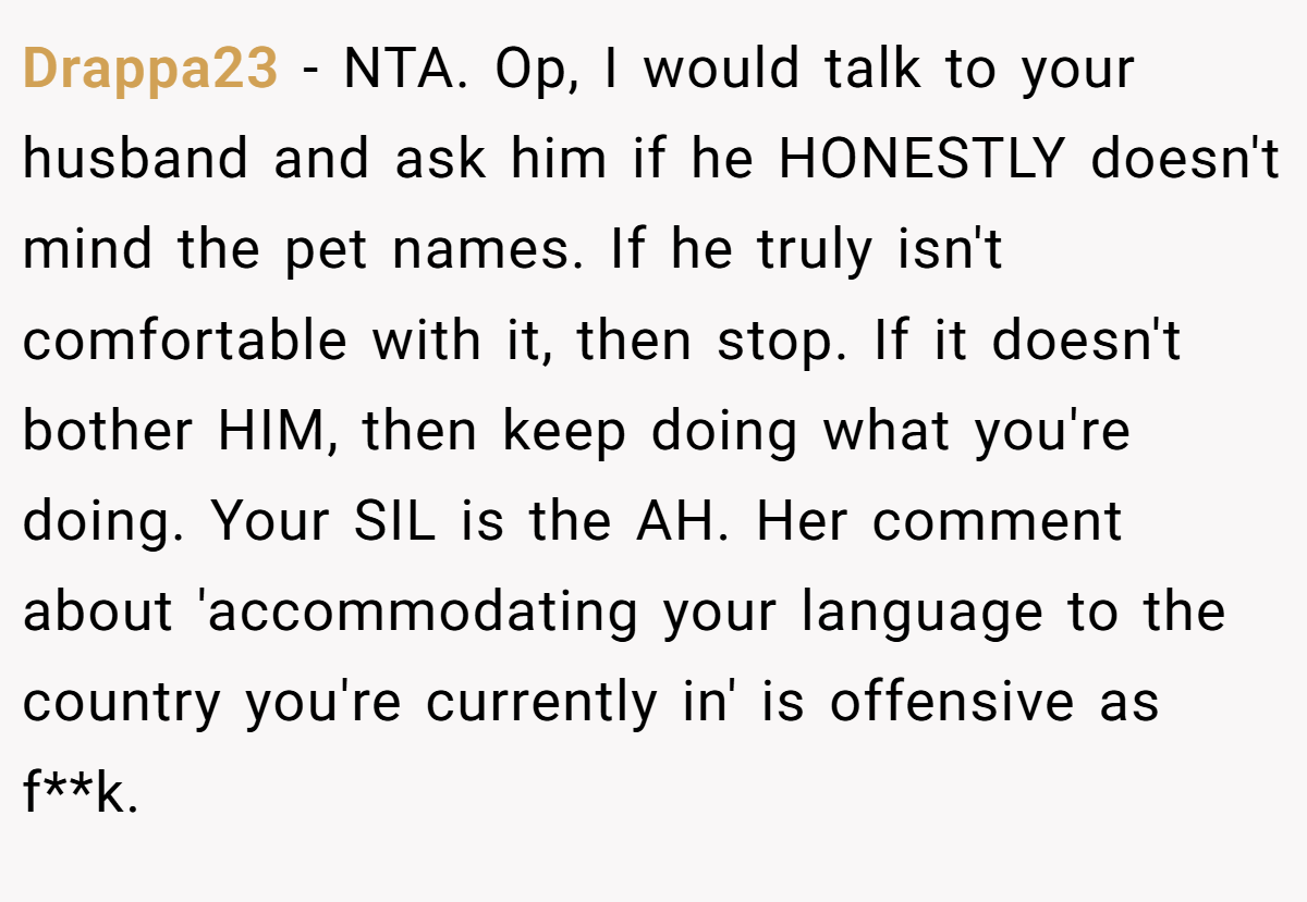 Drappa23 − NTA. Op, I would talk to your husband and ask him if he HONESTLY doesn't mind the pet names. If he truly isn't comfortable with it, then stop. If it doesn't bother HIM, then keep doing what you're doing. Your SIL is the AH. Her comment about 'accommodating your language to the country you're currently in' is offensive as f**k.