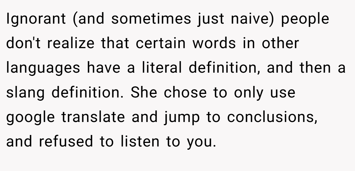 Ignorant (and sometimes just naive) people don't realize that certain words in other languages have a literal definition, and then a slang definition. She chose to only use google translate and jump to conclusions, and refused to listen to you.