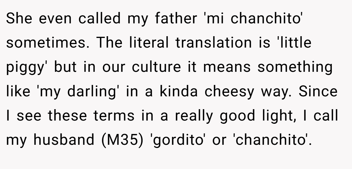 She even called my father 'mi chanchito' sometimes. The literal translation is 'little piggy' but in our culture it means something like 'my darling' in a kinda cheesy way. Since I see these terms in a really good light, I call my husband (M35) 'gordito' or 'chanchito'.