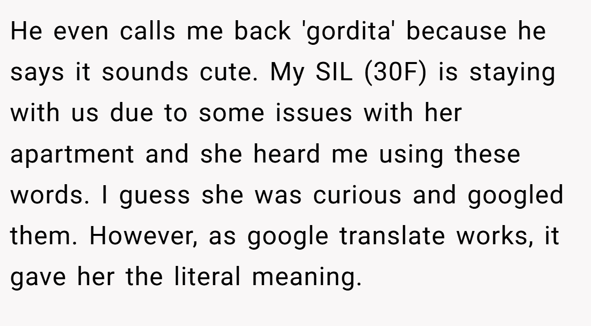 He even calls me back 'gordita' because he says it sounds cute. My SIL (30F) is staying with us due to some issues with her apartment and she heard me using these words. I guess she was curious and googled them. However, as google translate works, it gave her the literal meaning.