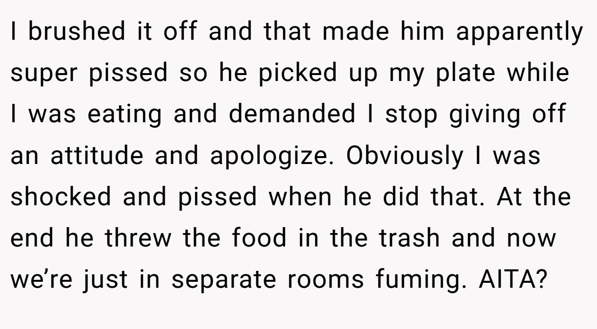 I brushed it off and that made him apparently super pissed so he picked up my plate while I was eating and demanded I stop giving off an attitude and apologize. Obviously I was shocked and pissed when he did that. At the end he threw the food in the trash and now we’re just in separate rooms fuming. AITA?