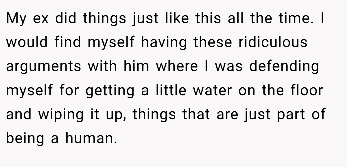 My ex did things just like this all the time. I would find myself having these ridiculous arguments with him where I was defending myself for getting a little water on the floor and wiping it up, things that are just part of being a human.