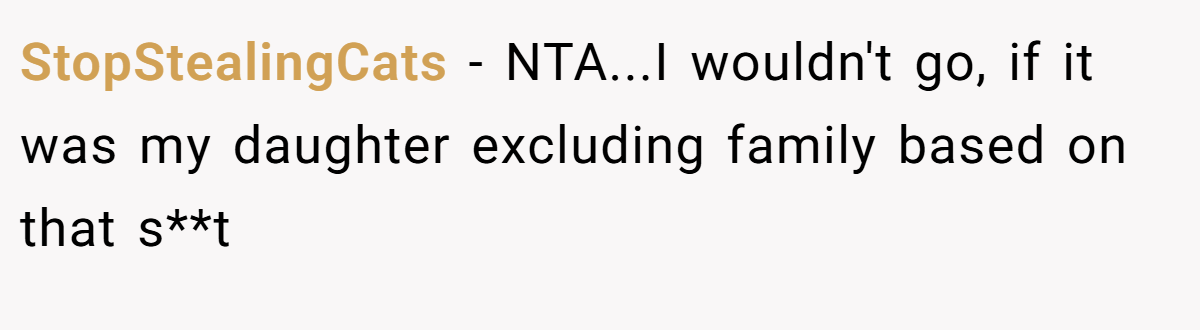 StopStealingCats − NTA...I wouldn't go, if it was my daughter excluding family based on that s**t