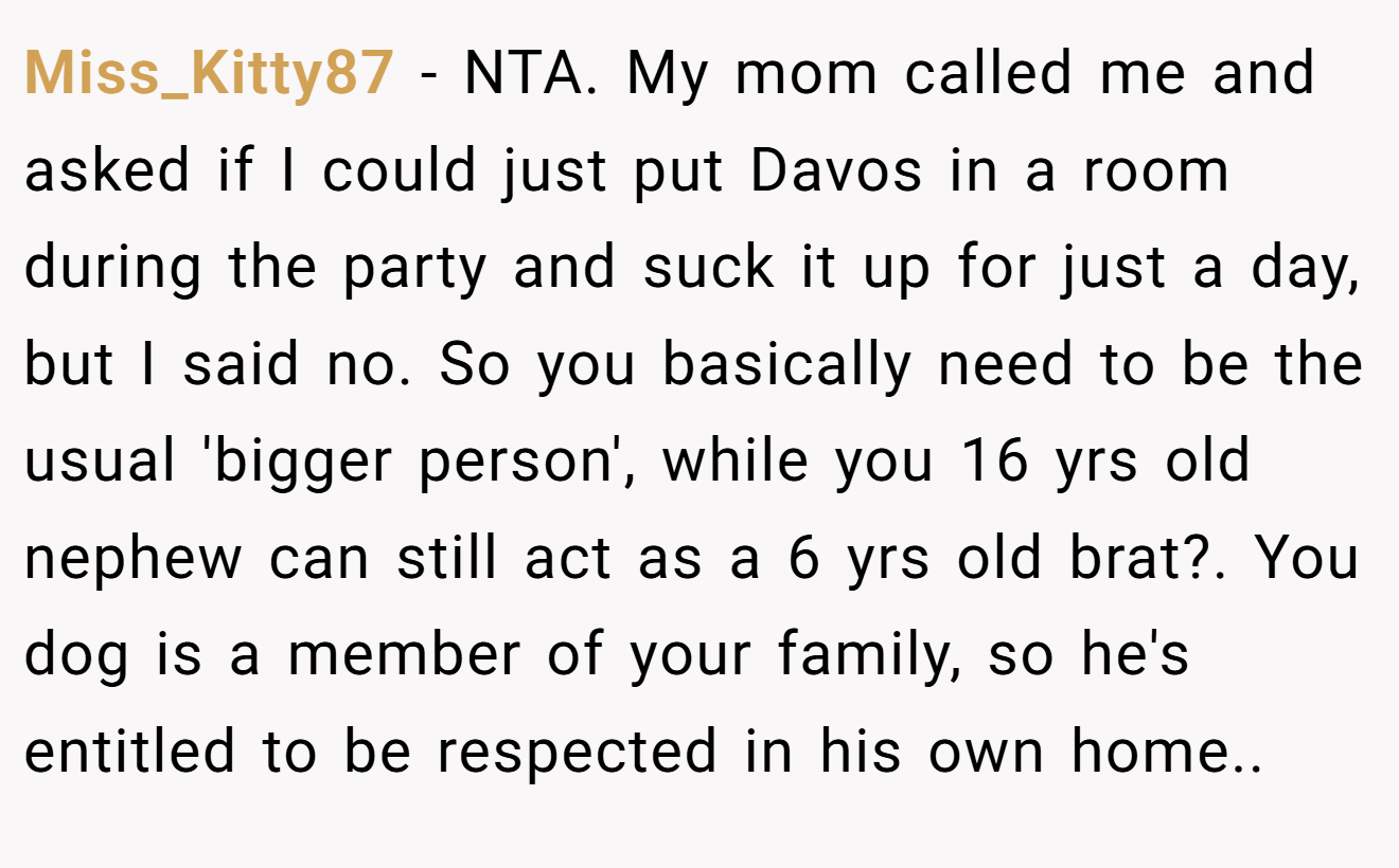 Miss_Kitty87 - NTA. My mom called me and asked if I could just put Davos in a room during the party and suck it up for just a day, but I said no. So you basically need to be the usual 'bigger person', while you 16 yrs old nephew can still act as a 6 yrs old brat?. You dog is a member of your family, so he's entitled to be respected in his own home..
