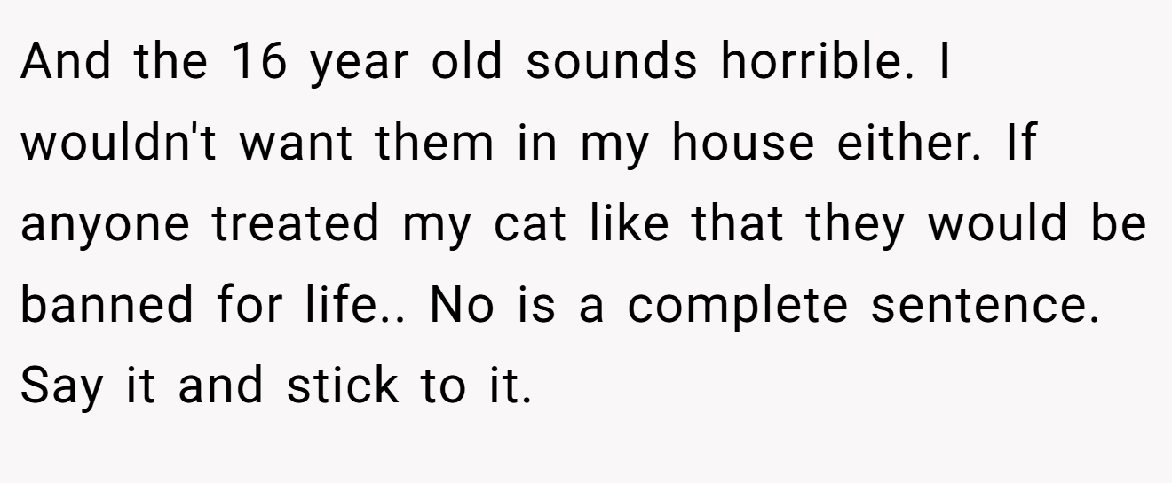 And the 16 year old sounds horrible. I wouldn't want them in my house either. If anyone treated my cat like that they would be banned for life.. No is a complete sentence. Say it and stick to it.