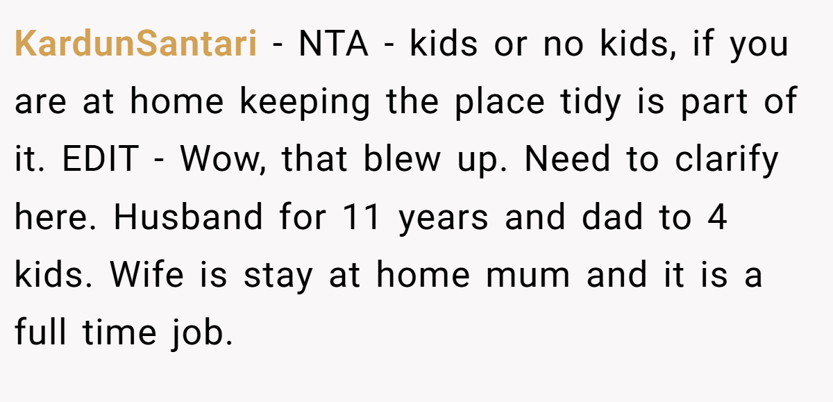 KardunSantari - NTA - kids or no kids, if you are at home keeping the place tidy is part of it. EDIT - Wow, that blew up. Need to clarify here. Husband for 11 years and dad to 4 kids. Wife is stay at home mum and it is a full time job.