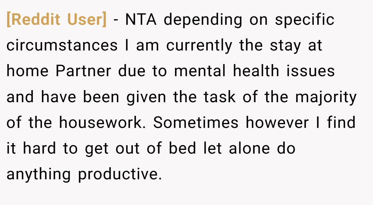 [Reddit User] - NTA depending on specific circumstances I am currently the stay at home Partner due to mental health issues and have been given the task of the majority of the housework. Sometimes however I find it hard to get out of bed let alone do anything productive.