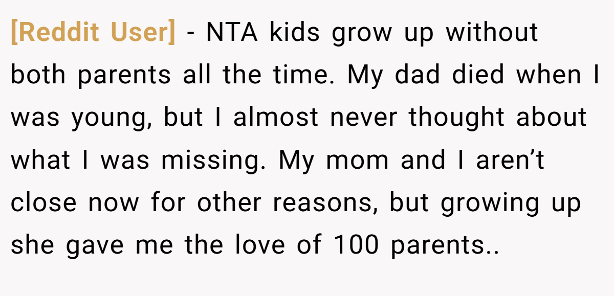[Reddit User] - NTA kids grow up without both parents all the time. My dad died when I was young, but I almost never thought about what I was missing. My mom and I aren’t close now for other reasons, but growing up she gave me the love of 100 parents..