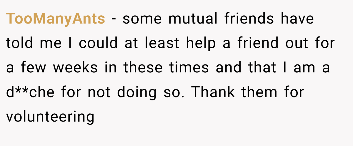 TooManyAnts − some mutual friends have told me I could at least help a friend out for a few weeks in these times and that I am a d**che for not doing so. Thank them for volunteering
