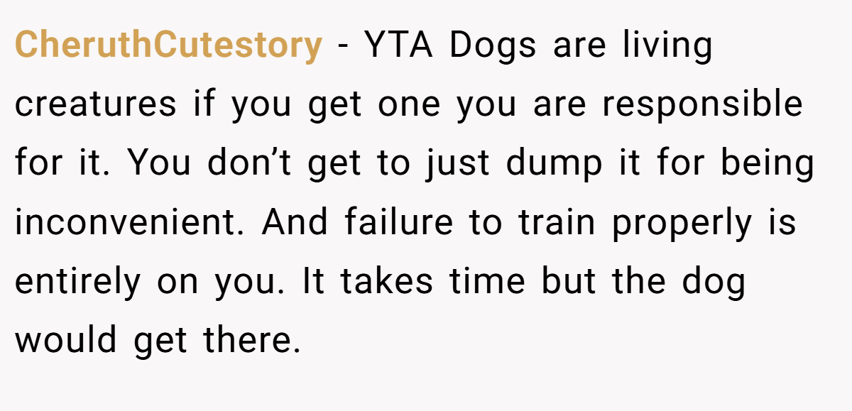 CheruthCutestory − YTA Dogs are living creatures if you get one you are responsible for it. You don’t get to just dump it for being inconvenient. And failure to train properly is entirely on you. It takes time but the dog would get there.