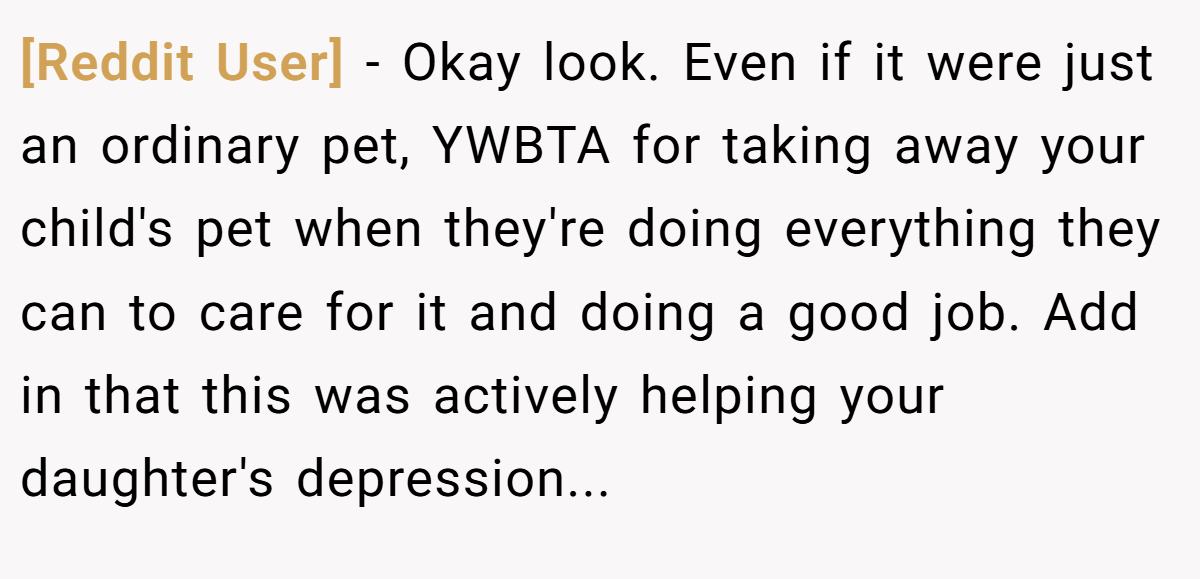 [Reddit User] − Okay look. Even if it were just an ordinary pet, YWBTA for taking away your child's pet when they're doing everything they can to care for it and doing a good job. Add in that this was actively helping your daughter's depression...