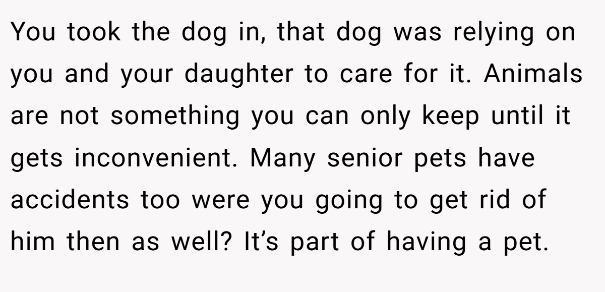 You took the dog in, that dog was relying on you and your daughter to care for it. Animals are not something you can only keep until it gets inconvenient. Many senior pets have accidents too were you going to get rid of him then as well? It’s part of having a pet.