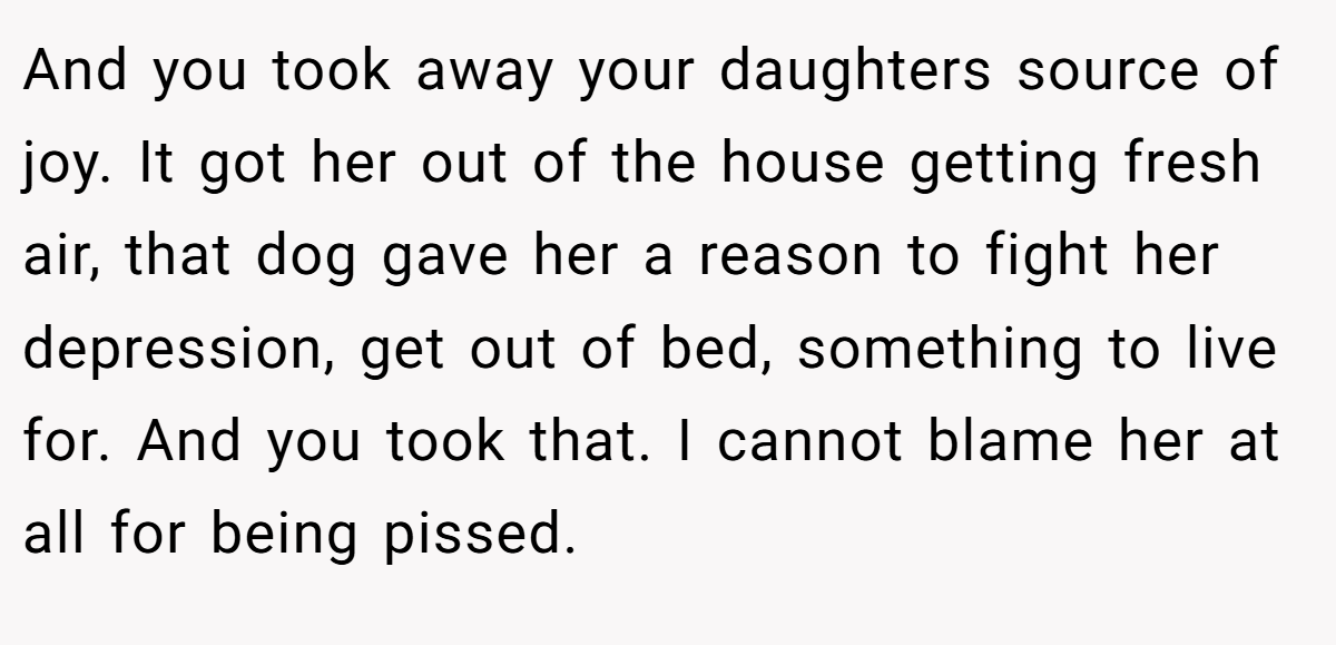 And you took away your daughters source of joy. It got her out of the house getting fresh air, that dog gave her a reason to fight her depression, get out of bed, something to live for. And you took that. I cannot blame her at all for being pissed.