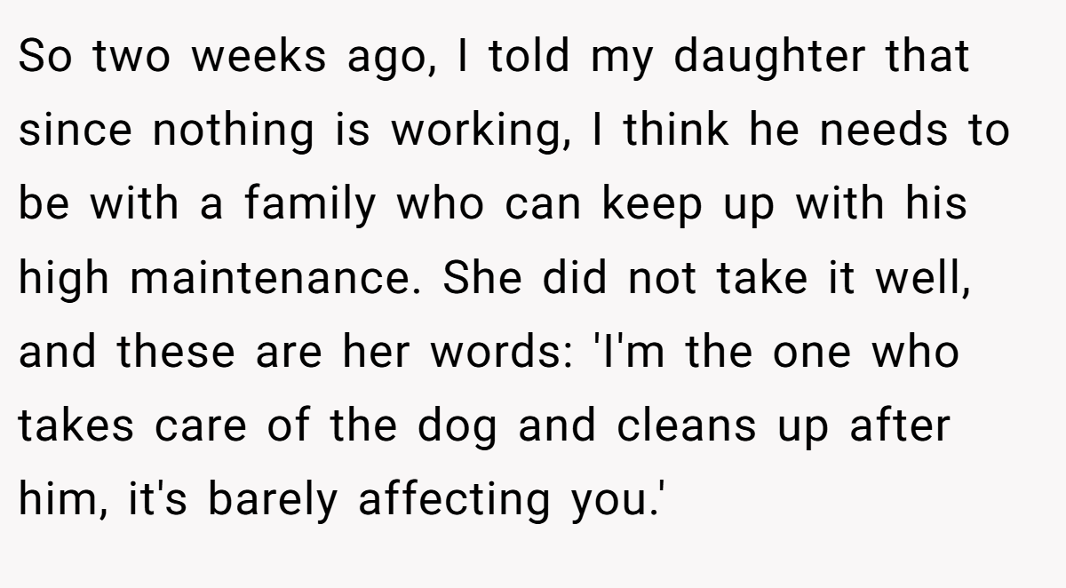 So two weeks ago, I told my daughter that since nothing is working, I think he needs to be with a family who can keep up with his high maintenance. She did not take it well, and these are her words: 'I'm the one who takes care of the dog and cleans up after him, it's barely affecting you.'