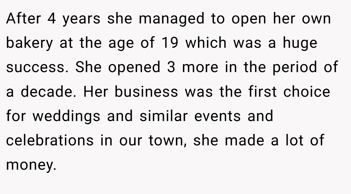 After 4 years she managed to open her own bakery at the age of 19 which was a huge success. She opened 3 more in the period of a decade. Her business was the first choice for weddings and similar events and celebrations in our town, she made a lot of money.