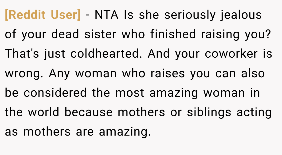 [Reddit User] − NTA Is she seriously jealous of your dead sister who finished raising you? That's just coldhearted. And your coworker is wrong. Any woman who raises you can also be considered the most amazing woman in the world because mothers or siblings acting as mothers are amazing.
