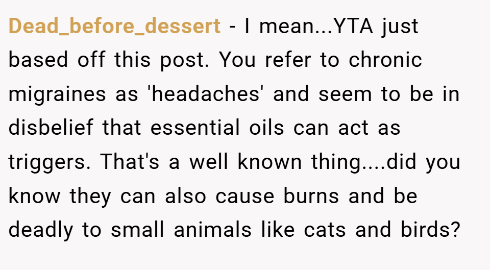 Dead_before_dessert − I mean...YTA just based off this post. You refer to chronic migraines as 'headaches' and seem to be in disbelief that essential oils can act as triggers. That's a well known thing....did you know they can also cause burns and be deadly to small animals like cats and birds?